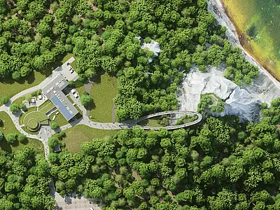 Eine Luftaufnahme eines neuen Gebäudekomplexes umgeben von dichtem Wald. Der Komplex enthält einen modernen Bau mit Solarpanelen und einen geschwungenen Weg, der durch die grüne Landschaft führt. Im Hintergrund sind Wasserfälle und ein Küstenbereich sichtbar.
